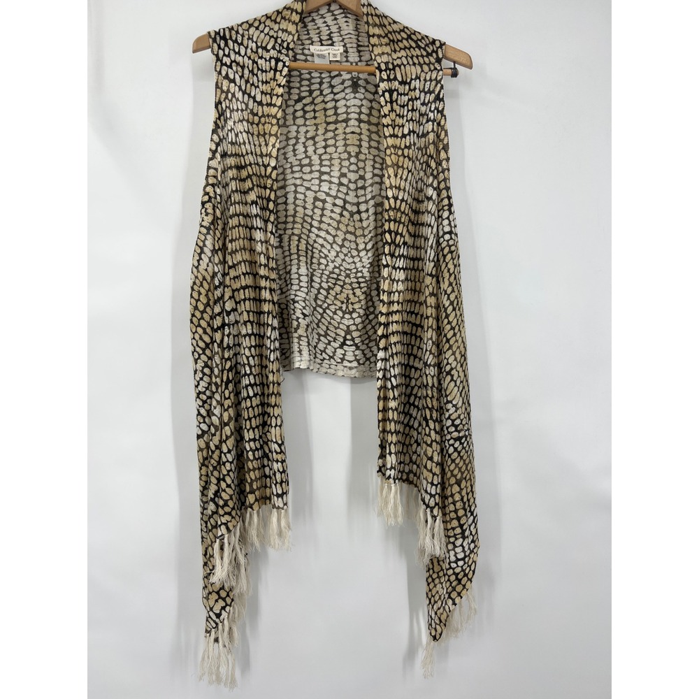 Women XL Neutral Animal Print Fringe Open Front Vest Linen Blend Lagenlook
